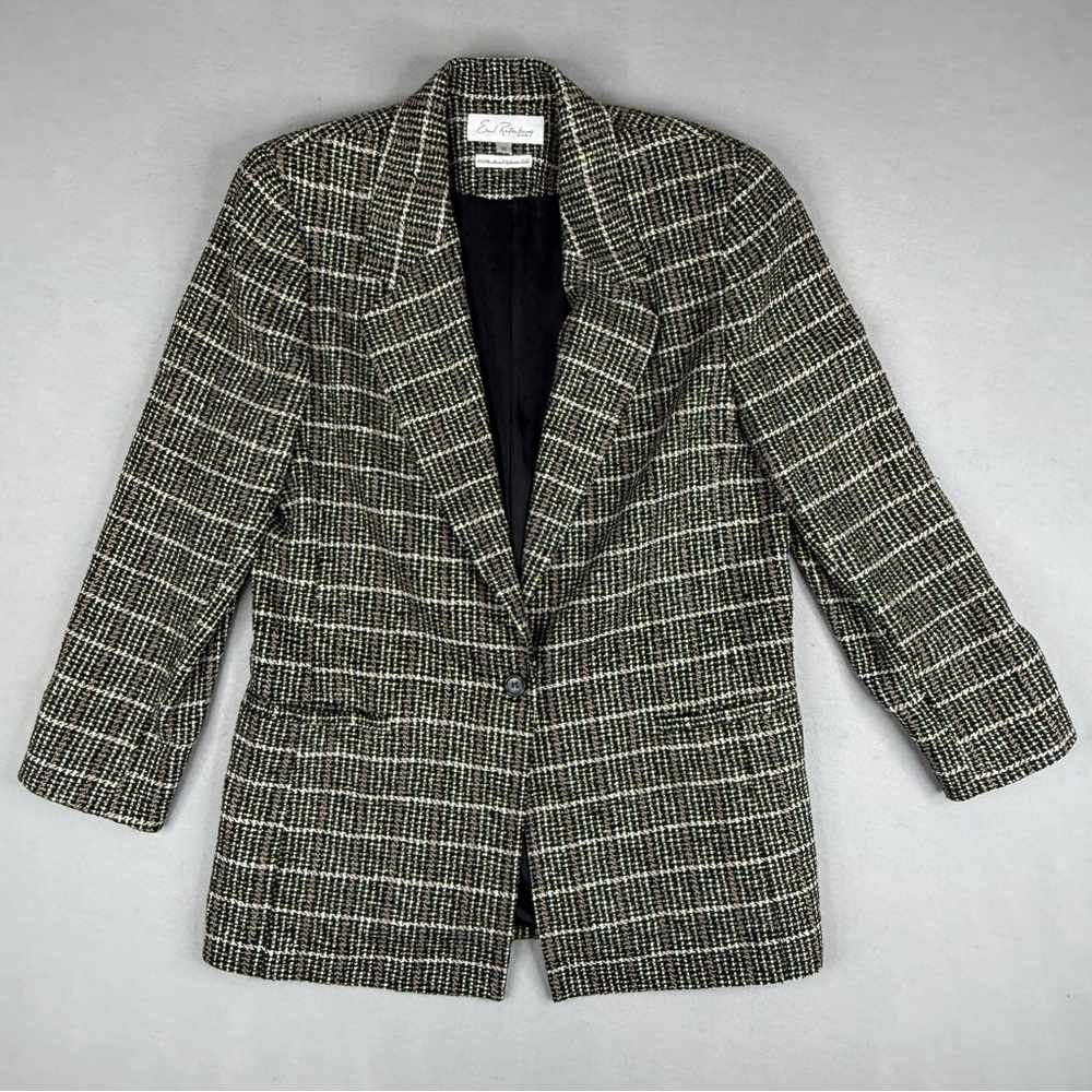 Vintage Emil Rutenberg Hand Woven Silk Tweed Blazer Black Ivory Womens M USA